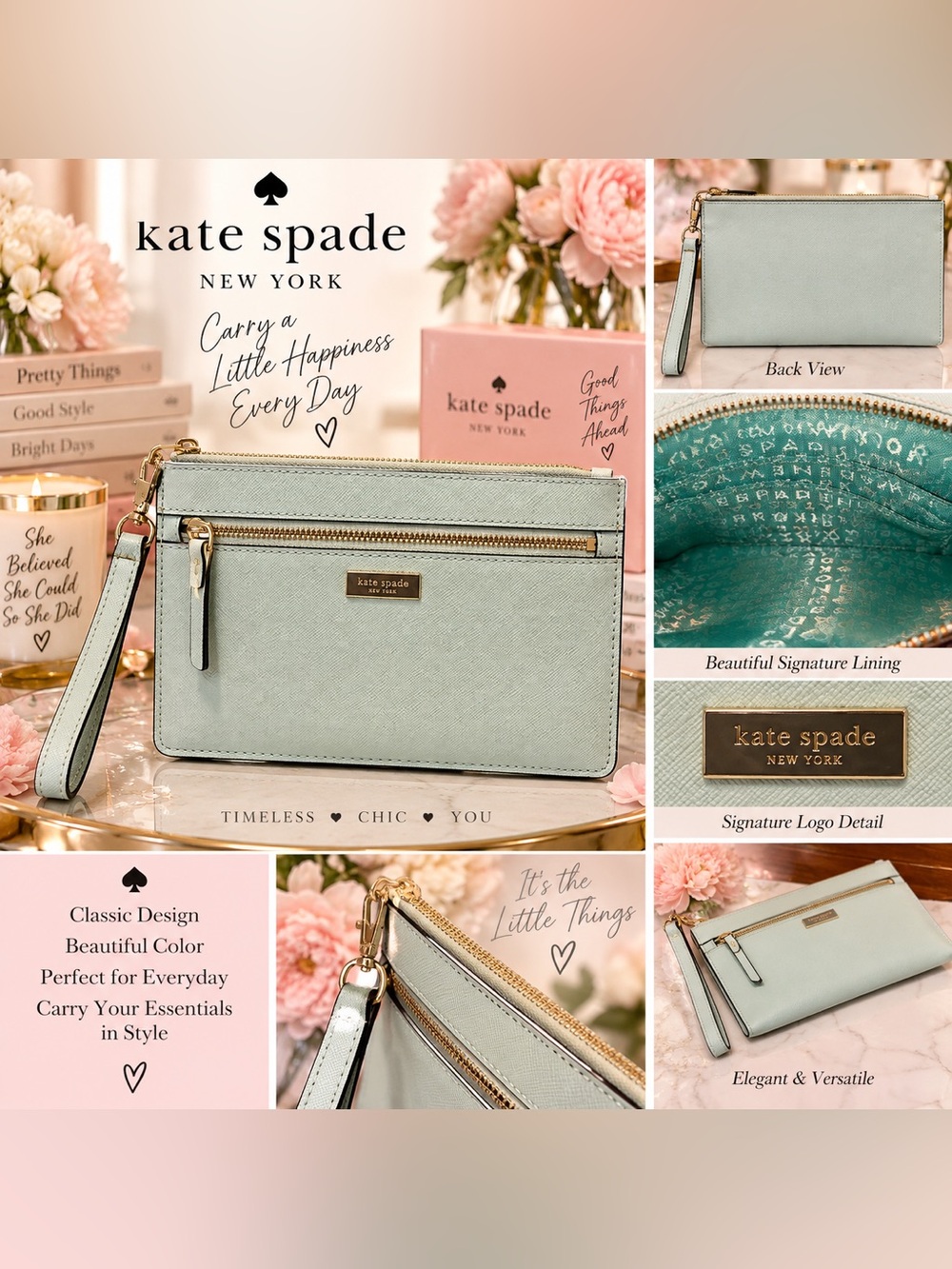 Kate Spade New York Light Mint Saffiano Leather Wristlet Clutch Like New